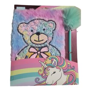 Teddy Bear Secret Fuzzy Diary Journal Embelished Sequins Writing Book Pen Set